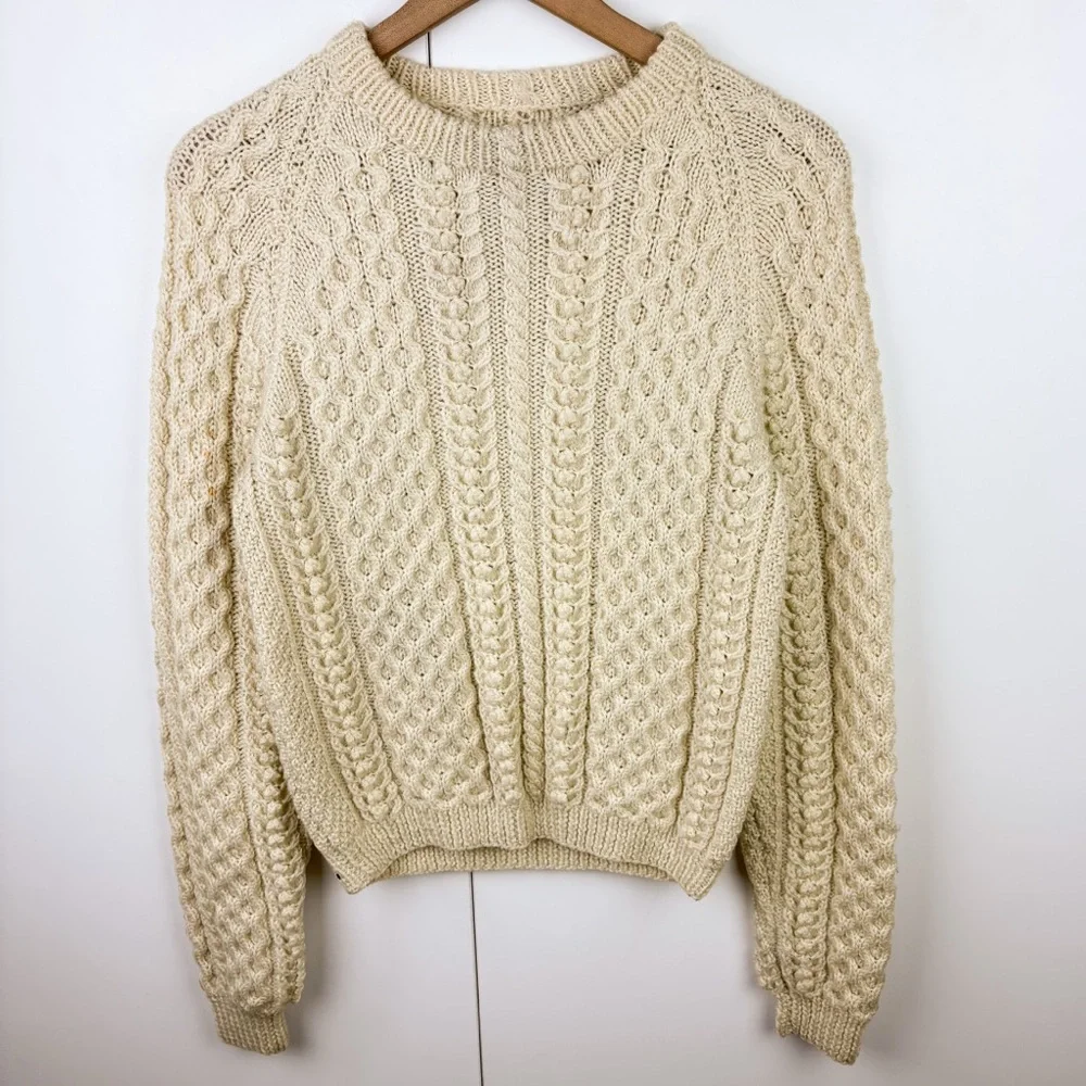 Vintage Wool Fisherman Cable Knit Crew Neck Chunky Sweater Cream White